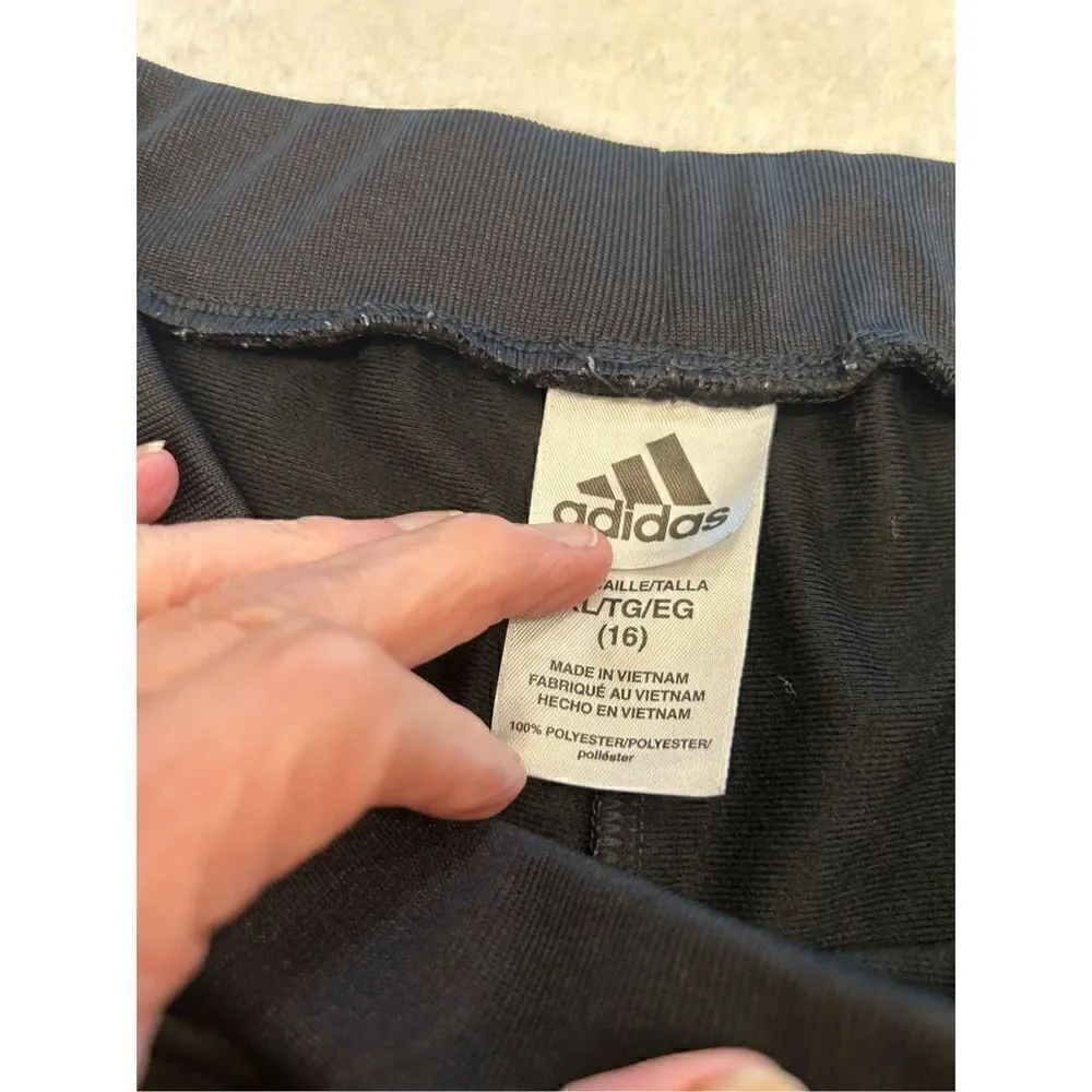 Adidas XL girls black white striped warm up pants  28” inseam